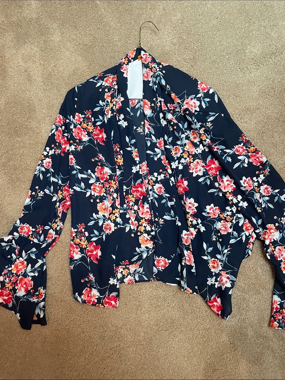 Notations Navy Open-Front Floral Blouse with Pink & Red Flowers